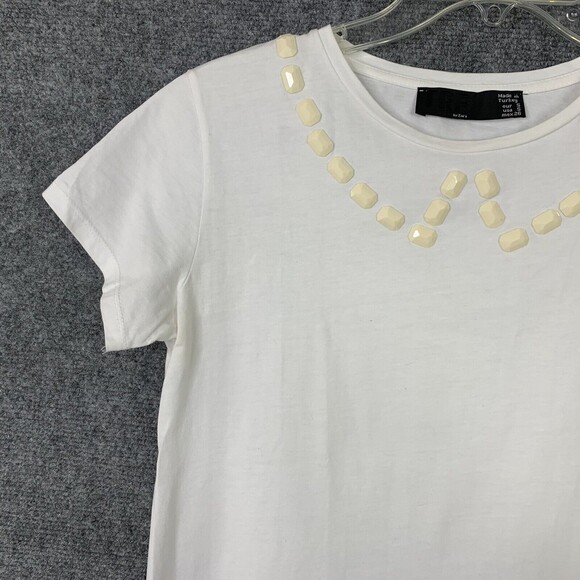 Zara TRF Short Sleeve Tee Top Women Small Embellished Neckline - Picture 3 of 7
